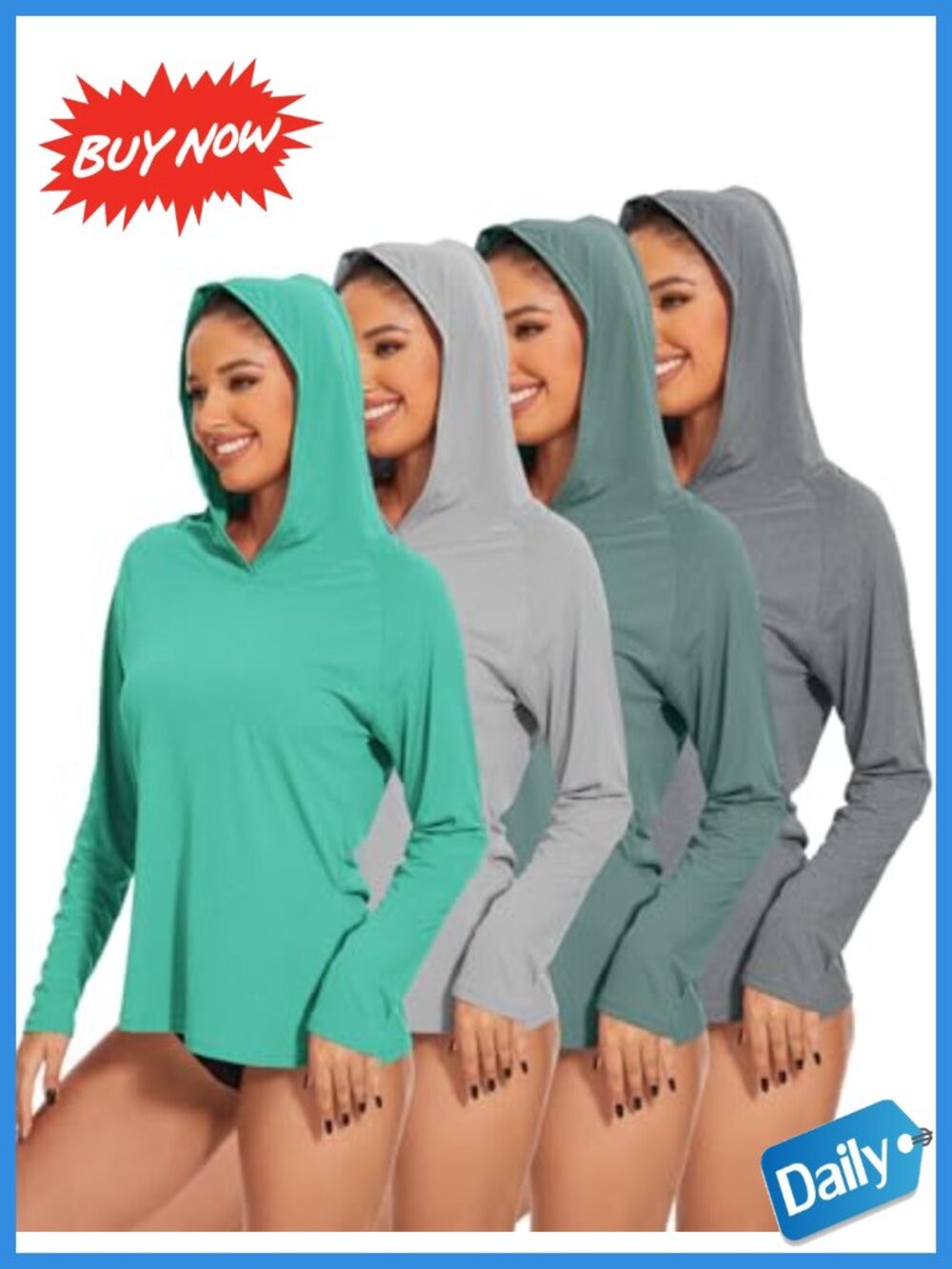 Women's UPF 50+ Hoodie Long Sleeve Sun Shirt Rash Guard 4 Pack